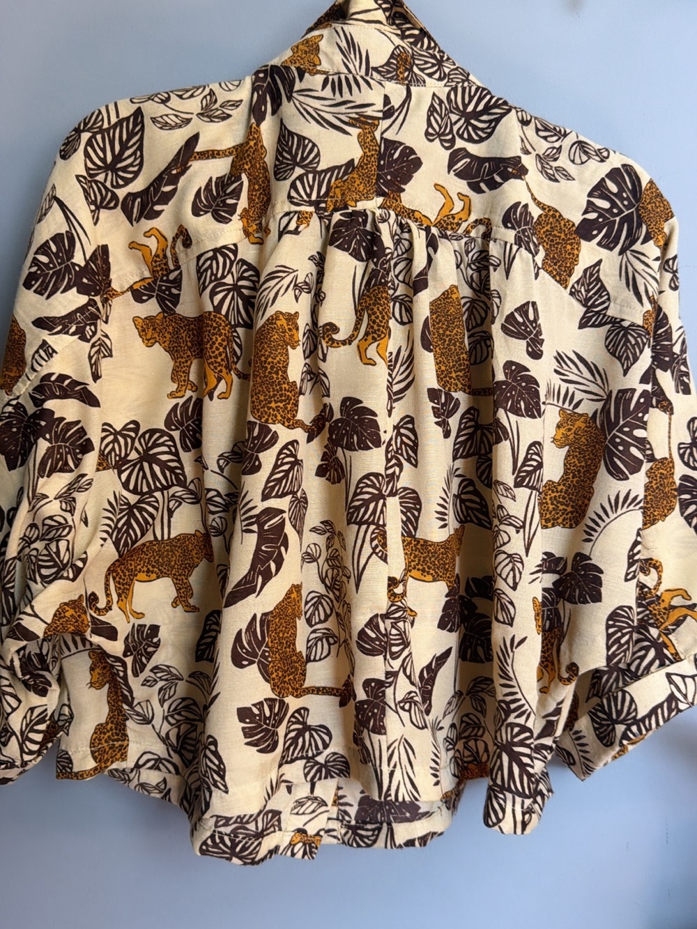 Safari Leopard Blouse XL Oversized Billowy Jungle Print Button Down Shirt